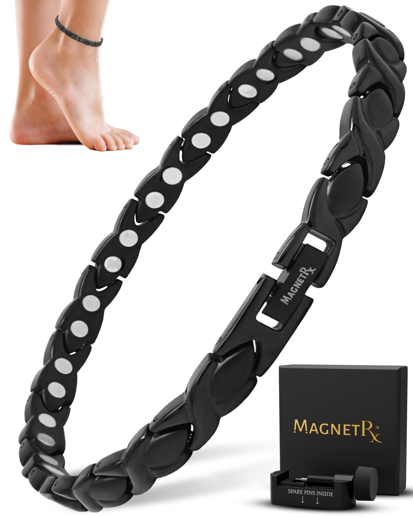 MagnetRX Womens Magnetic Ankle Bracelet – Ultra Strength Magnetic Anklets with 34 Magnets – Titanium Ankle Bracelets for Women (Black)