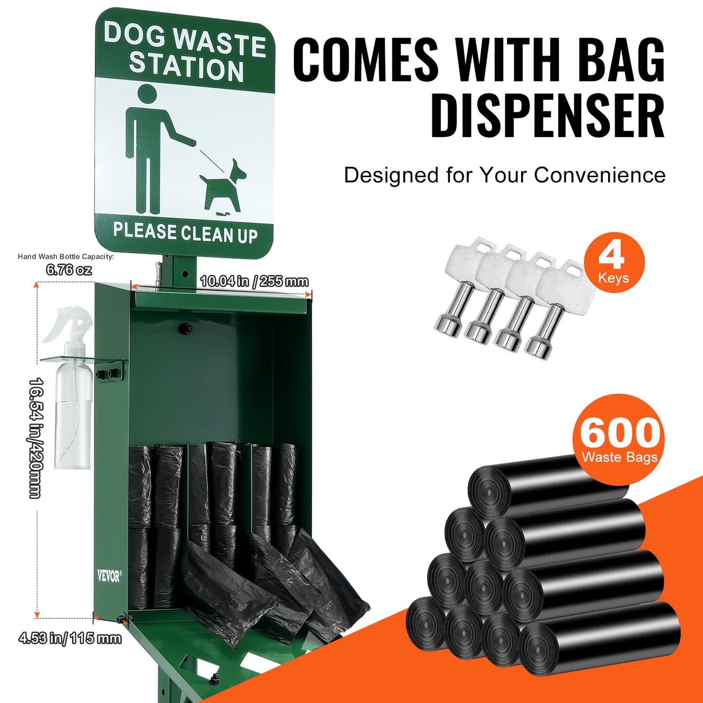 VEVOR Dog Waste Station with Hand Wash Bottle, 11.5 Gallons Pet Waste Bin with 50 Can Liners, Bag Dispenser & 600 Waste Bags, Outdoor Dog Waste Disposal System for Backyard