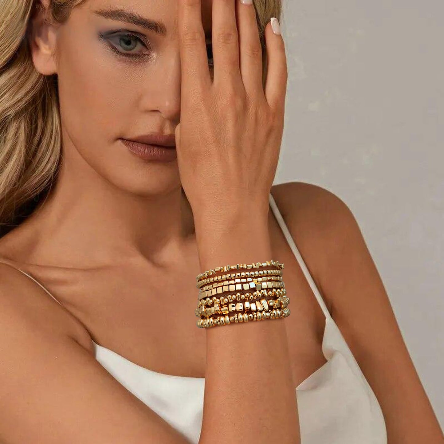 Sajidos Gold Plated Beaded Bracelets for Women Trendy, 14K Gold Plated Stack Cross Pearl Gold Plated Bead Stretch Bracelets Set Elastic Hypoallergenic Bracelets Jewelry Gifts
