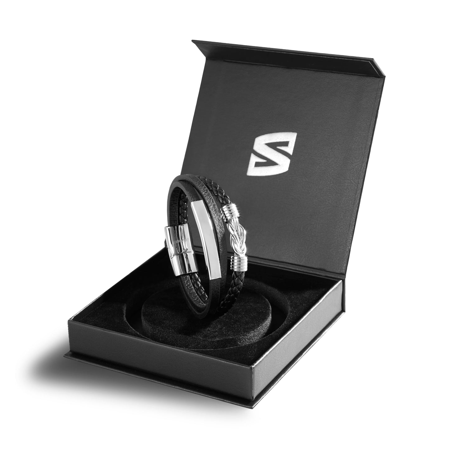 SERASAR Mens Leather Bracelet 17cm Silver Presents Men Gift Box Cowhide Braided Magnetic Clasp Multi Layer Wrap Rope Mans Male Bracelets Band Jewelry Magnet Accessories
