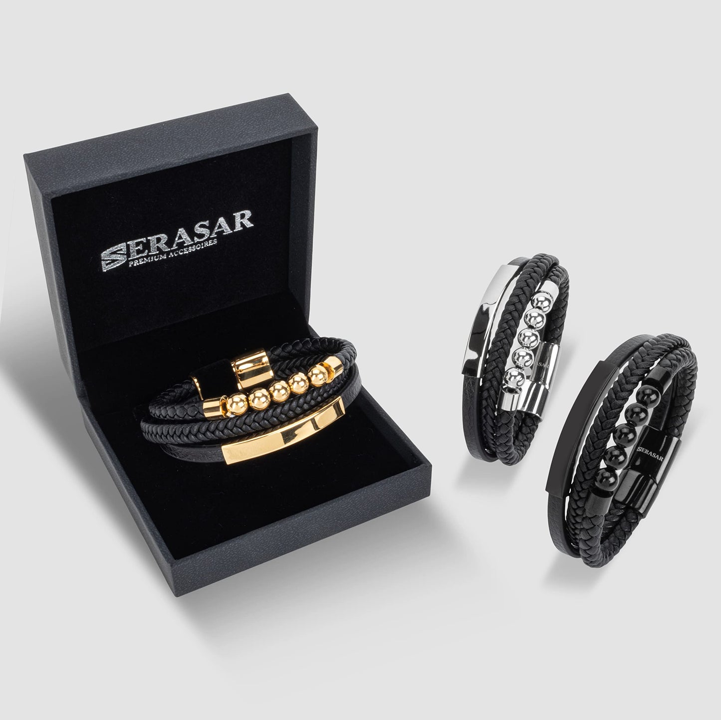 SERASAR Pulseras para hombre Caja de regalo oro 23cm Piel vacuno trenzada cuero genuino Cierre magnético ajustable joyería múltiples capas Hombres