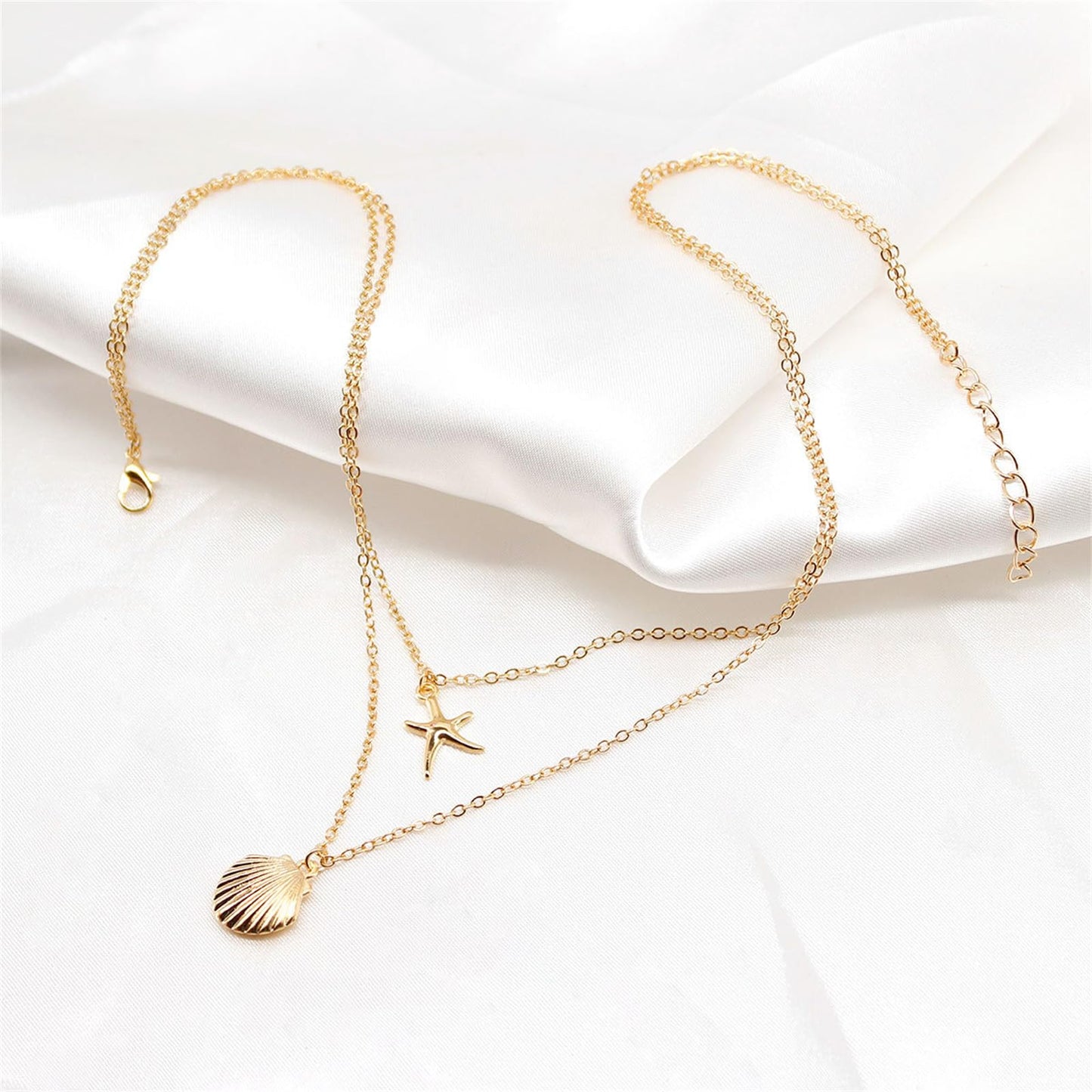 Boho Starfish Seashell Layered Necklace Gold Silver Plated Dainty Charm Double Layer Sea Shell Lucky Stars Ocean Animal Chain Necklace for Women Hawaiian Summer Beach Vacation Jewelry Gifts (Gold)