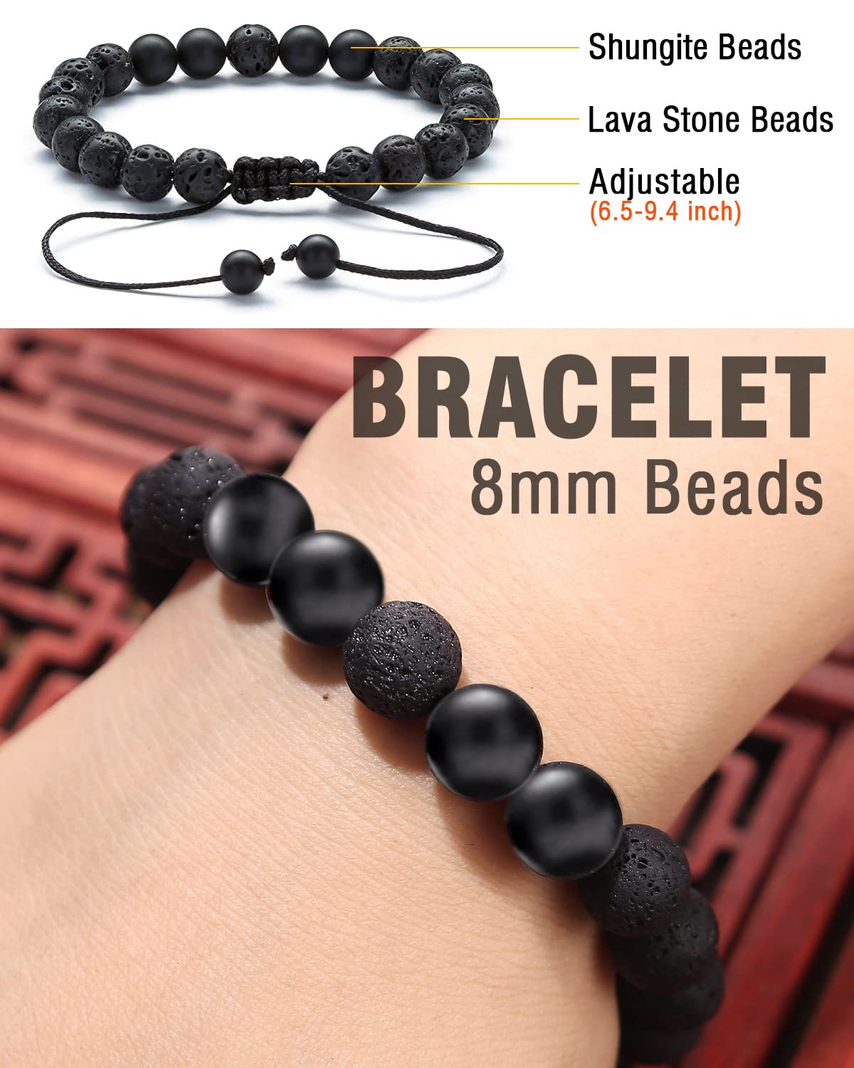 Necklace Pendant and Bracelet and Protection Sticker - (3 in 1 SET), Reduce Anxiety, Relieve Stress, Pendants and Bracelets Handcrafted from Natural Lava, Adjustable Cord Length, for Women/Men