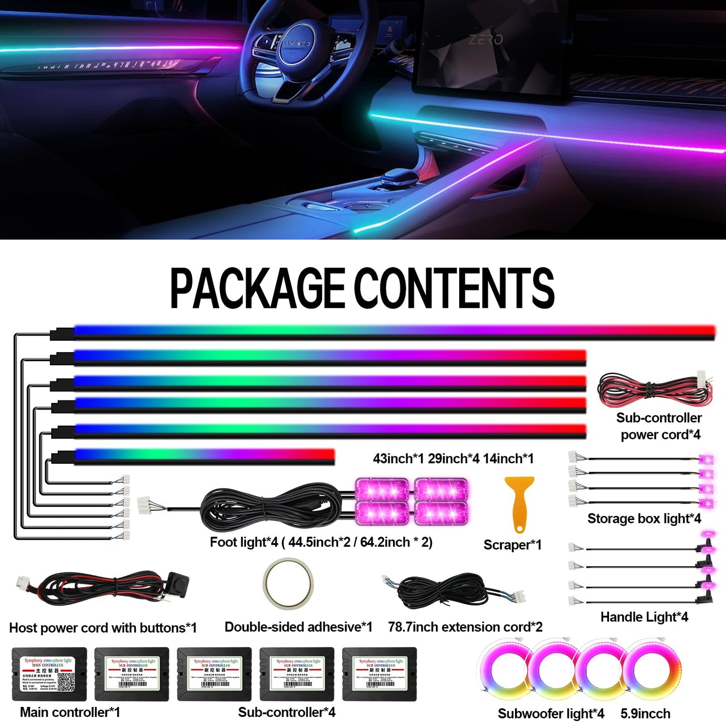 Dreamcolor Acrylic Ambient Lighting Car Lights – Wireless APP Control, Music Sync, Dynamic RGB Interior Car LED Strip Light Kit, 22-in-1 Customizable LED Neon Light Kits for Car Interior
