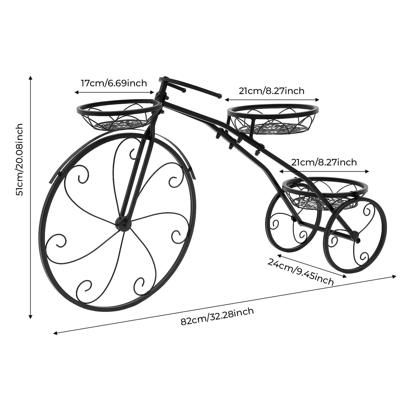 DKSLALALI Bicycle Plant Stand, 3 Tier Iron Tricycle Flower Pot Holder with 3 Baskets, Rustproof Black Metal Plant Shelf for Indoor Outdoor Garden Patio, Decorative Plant Cart for Home Lawn