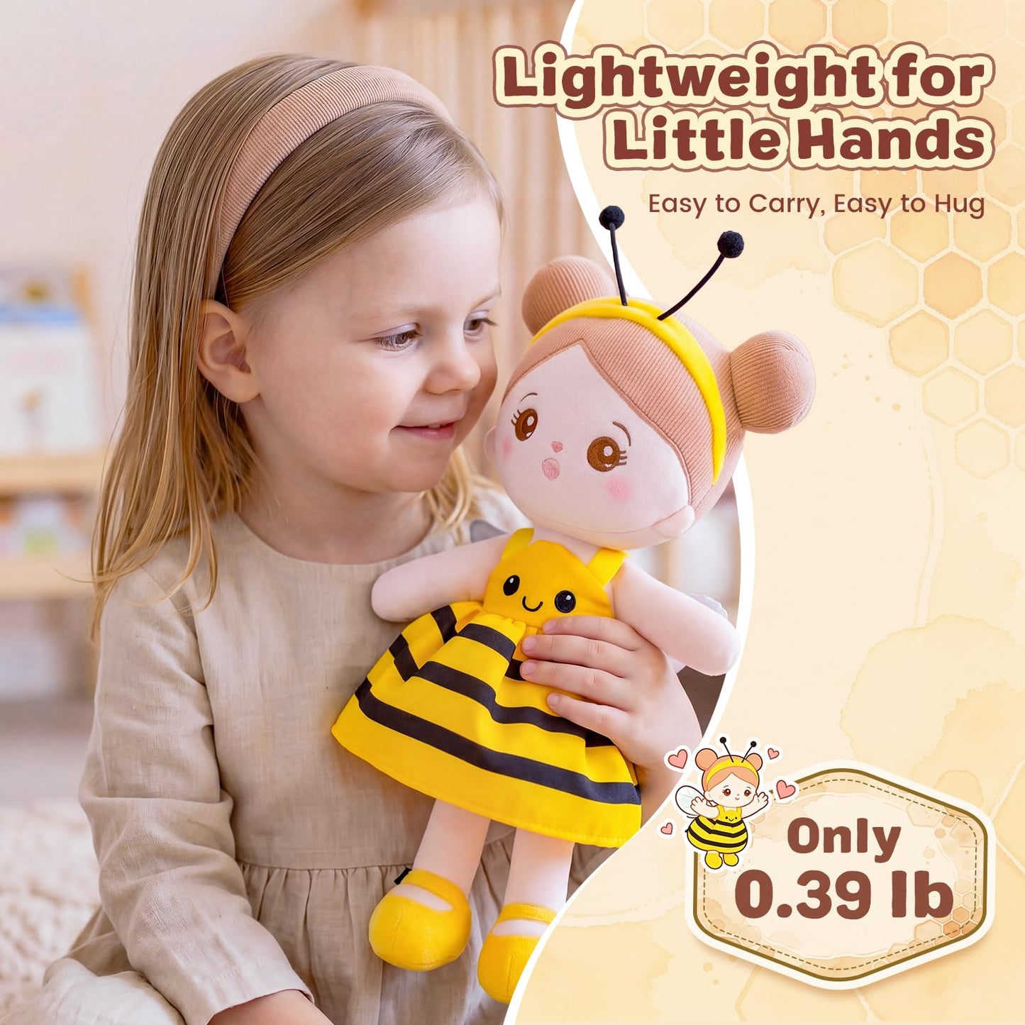 OUOZZZ 12.6" Soft Baby Doll - Toys for 1 Year Old Girl Ideal Birthday Baby Girl Gift, Snuggle Buddy for Infants Yellow Bee Dress