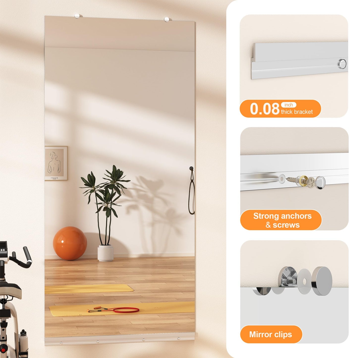 Hasipu Home Gym Mirror, 48"x24" Each, 2-Pack Frameless Wall Mounted Mirrors with Glass Clamps & 1 Aluminum Rail, Large Body Mirror for Home Gym, Yoga Studio, Bedroom, Silver Tempered Glass