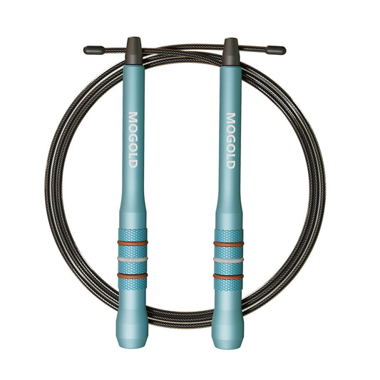 MOGOLD Speed Jump Rope, Turquoise Aluminum Alloy Handles with PVC Steel Wire, 17cm Handle, 118-Inch Adjustable Rope, 360-Degree Rotation, Anti-Slip Grip for CrossFit (Turquoise)