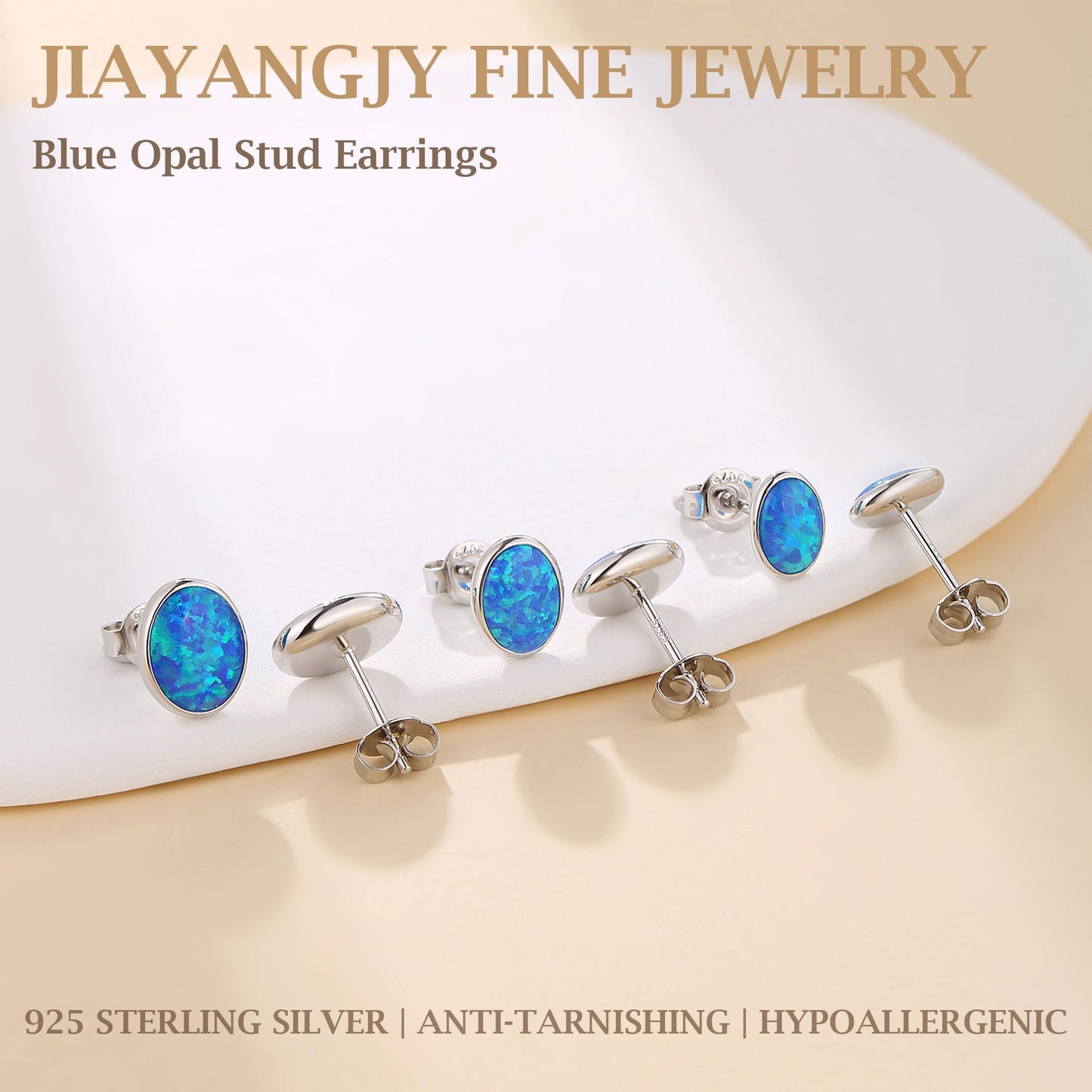 JiayangJY Silver Blue Fire Opal Stud Earrings for Women 18K White Gold Plated Sterling Silver Oval Shape 5mm Opal Earrings with Push Back