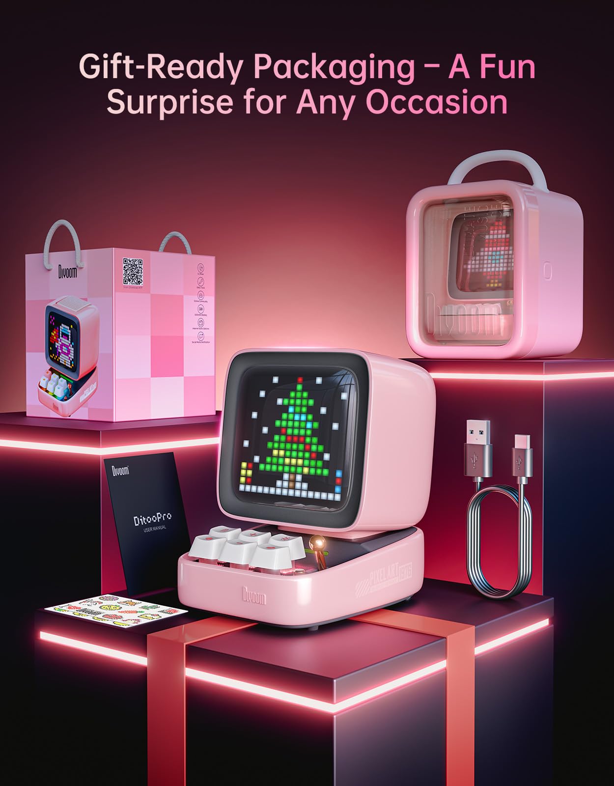 Divoom Ditoo Retro Pixel Art Game Bluetooth Speaker with 16X16 LED App Controlled Front Screen (Pink)