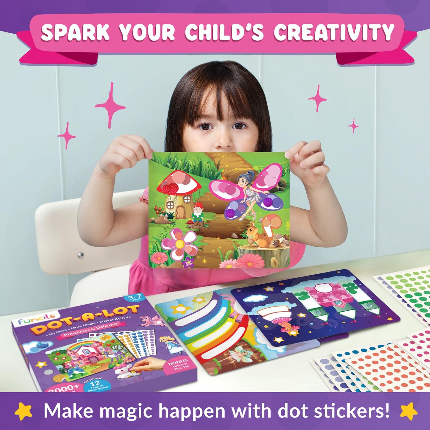 Funcils Dot Art Activity - Unicorn & Princess Sticker Kit, Toddler Art & Craft Supplies for Kids, Birthday Gifts for Boys & Girls Ages 3, 4, 5, 6, 7 Year Old - Kids Travel Toys, Airplane Must Have