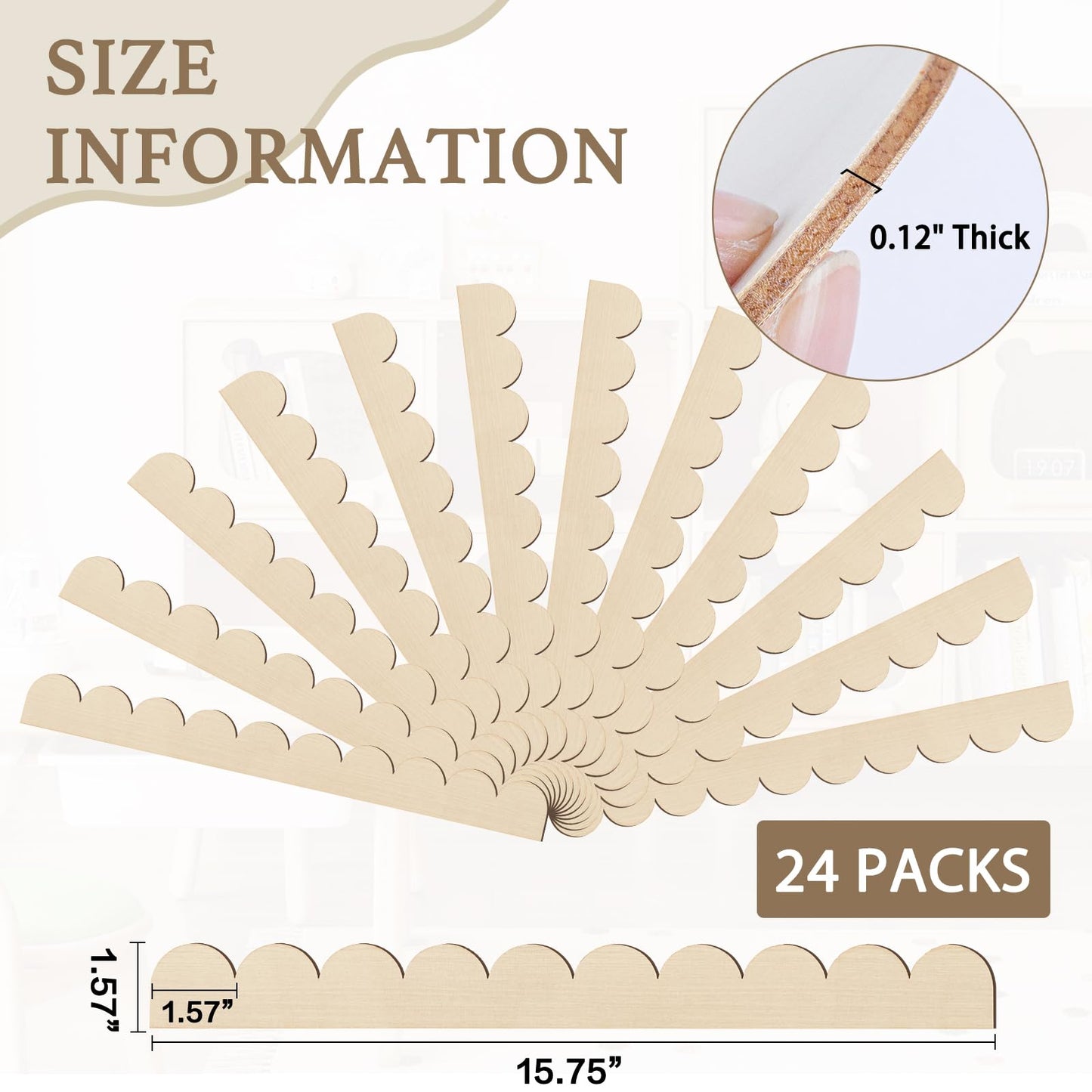 Scalloped Decorative Wood Trim Unfinished Scalloped Edge Wooden Molding Cute DIY Moulding Trims for Cabinet Window Shelf Door Wall, 15.74 x 1.57 Inch, 24 Pack