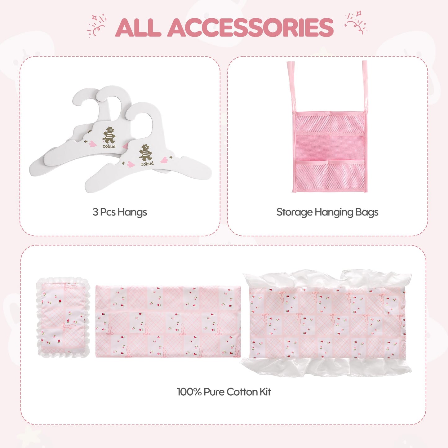 ROBUD Baby Doll Crib, Wooden Doll Bed, Baby Crib Toy with Storage, Bedding, Storage Bag and 3 Hooks, 18-21 inch Doll Accessories, Girl Doll Furniture Ages 3+ (White)