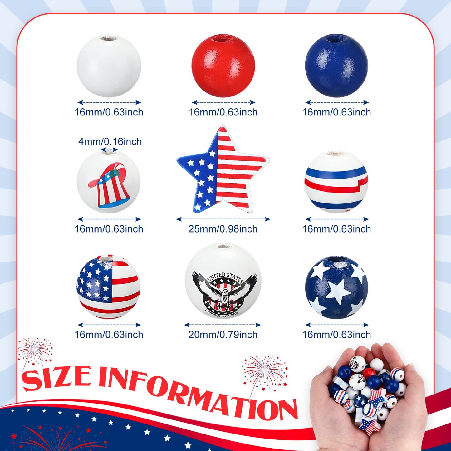 Chunful 300 Pcs 4th of July Wood Beads 250th Anniversary Patriotic Red White and Blue America Flag Star Charm Memorial Day Wooden Craft Beads for Independence Day DIY Jewelry Making, 9 Design