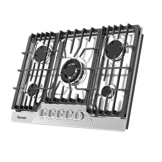 30 Inch Gas Cooktop, TOPWISH Gas Stove Top with 5 High Efficiency SABAF Burners, 41400 BTU, NG/LPG Convertible 304 Stainless Steel Built-in Propane Stovetop with Thermocouple Protection, 120V AC