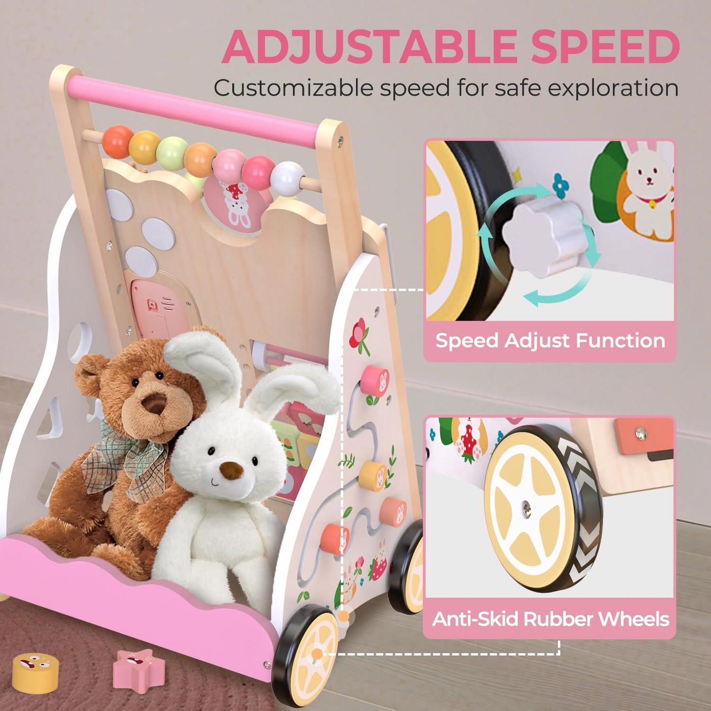 Baby Push Walker, Wooden Baby Walker with Wheels, Montessori Activity Center for 1 2 3 Years Old Boys Girls, Adjustable Speed & Height Push Toy for Toddler Learning to Walk, Kids Development Gift