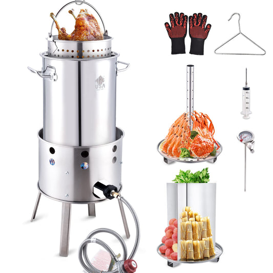 ARC 32QT Stainless Steel Turkey Fryer Kit With Burner, Seafood Boil Pot And Burner With Basket,Crawfish Boil Tamale Steamer Crab Boil Pot With Injector Thermometer, High Temperature Resistant Gloves