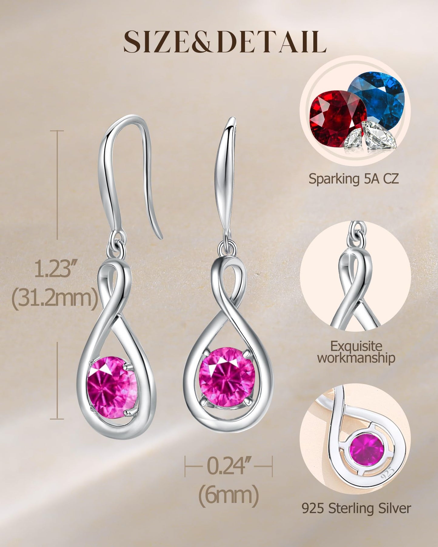 FANCIME Pink Tourmaline Dangle Drop Earrings 925 Sterling Silver Dainty Infinity Gemstone October Birthstone Earring Fine Jewelry Birthday Mothers Day Gifts for Mom Her Women