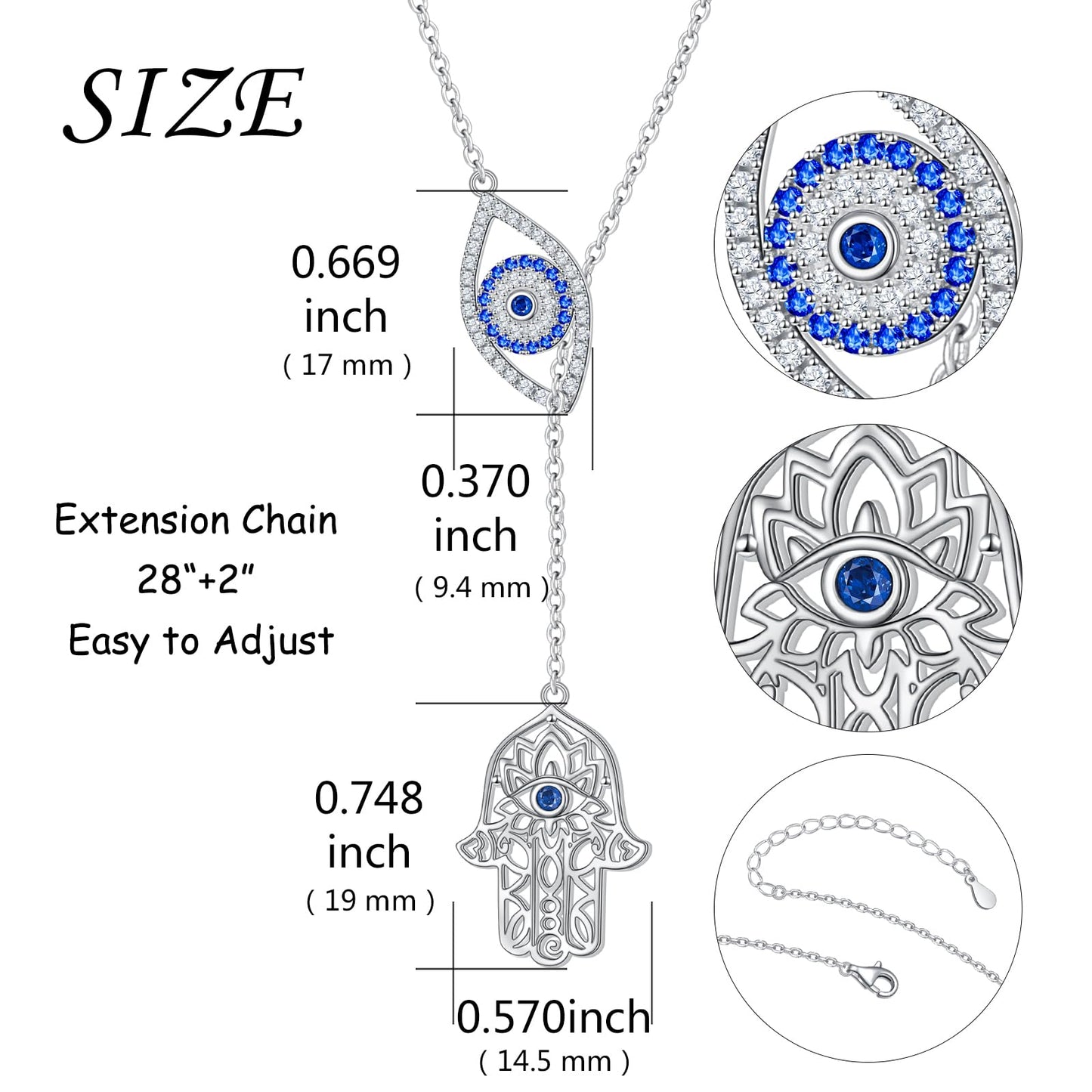 DAOCHONG Evil Eye Hamsa Hand Necklace 925 Sterling Silver Long Necklaces for Women Trendy Lariat Y Shaped Cubic Zirconia Pendant Necklaces Fashion Jewelry for Women Gift