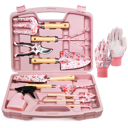 Grenebo 12-Piece Gardening Tools Set, Floral Print Garden Tool Set Gift, Rust-Proof & Heavy-Duty Trowel, Rake, Weeder, Pruner with Hard Case, Gardening Gifts for Women, Mom & Plant Lovers (Pink)