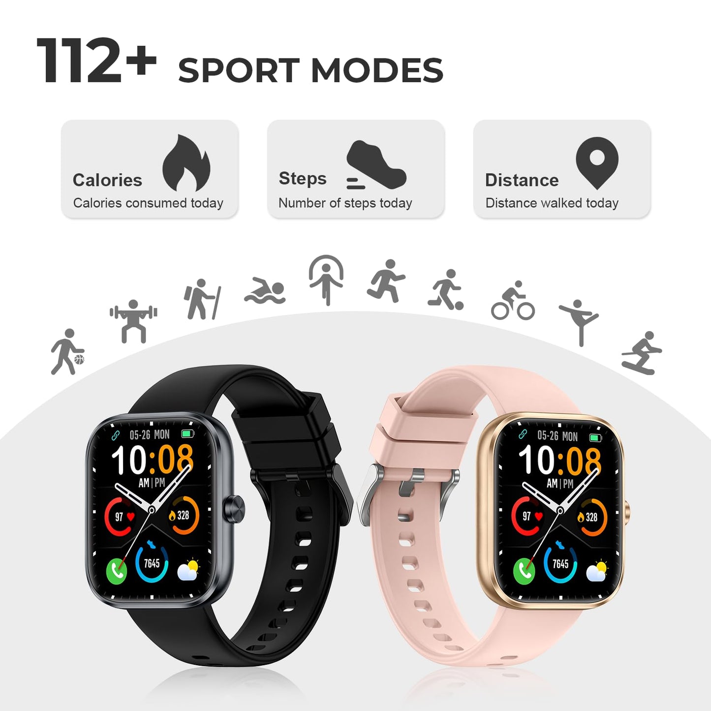 Smart Watch for Men Women, 1.83" HD Touchscreen Fitness Watch with Bluetooth Call&Message Notifications, 110+Sport Modes, 24/7 Heart Rate/Sleep Monitor, IP68 Waterproof Fitness Tracker, Grey Black