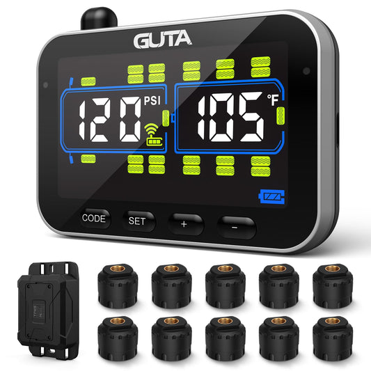GUTA Trailer Tire Pressure Monitoring System, RV Tire Pressure Monitor with 10 Sensors, 6 Alert Modes, Signal Booster, Large Color Display, Long Sensing Distance, 0-188PSI TPMS for RV Trailer Semi