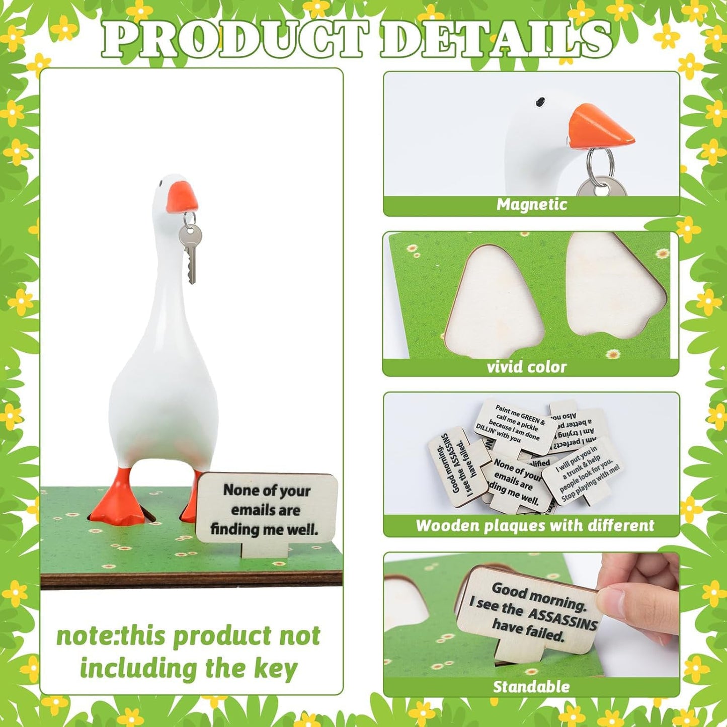 Magnetic Goose Key Holder, 7inch Desk Goose Statue with Wooden Base & Inspirational Sign Kawaii Room Decor Funny Home Office Table Desk Decor Mini Goose for Valentine New Apartment Housewarming Gifts