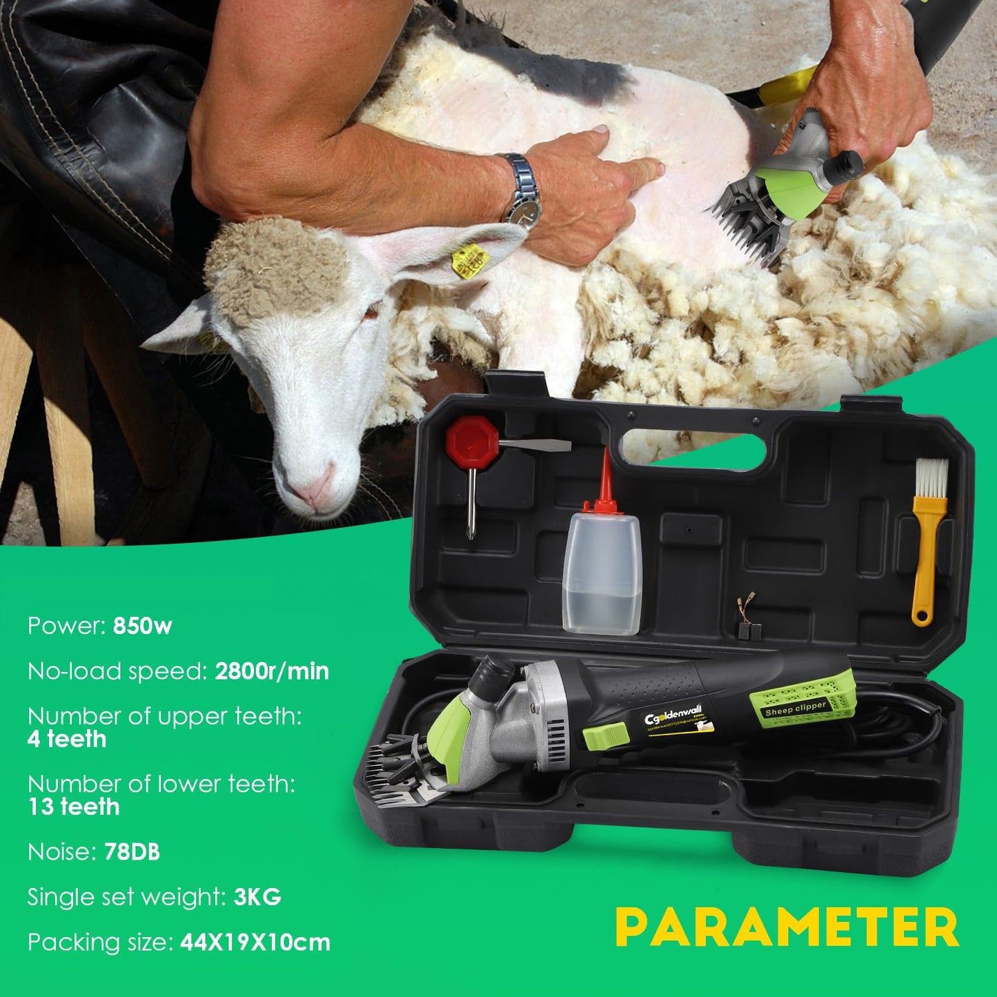 CGOLDENWALL 850W Sheep Shears Electric Sheep Clipper for Grooming Professional Heavy Duty Shearing Clipper with 6 Speed & Blade Tightness Adjustment- 110V (13 Straight Teeth Blade)