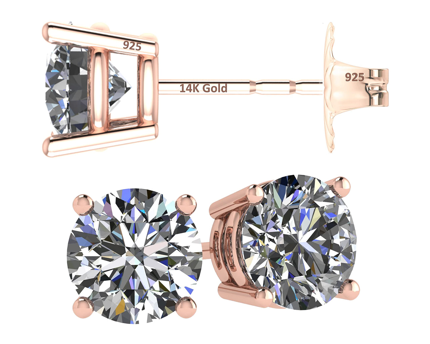 Central Diamond Center 14K Solid Gold Post & Sterling Silver 4 Prong CZ Stud Earrings - Rose Gold Plated - 10.0mm - 8.00cttw