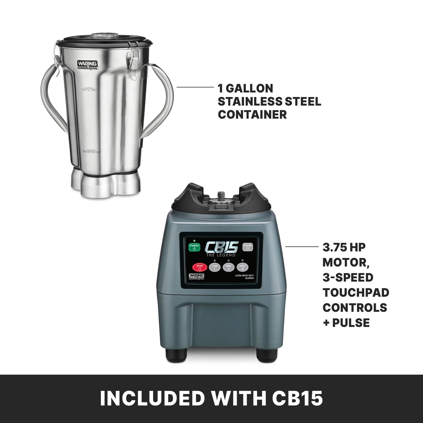 Waring Commercial CB15 Ultra Heavy Duty 3.75 HP Blender, Electric Touchpad Controls with Stainless Steel 1 Gallon Container, 120V, 5-15 Phase Plug,Black