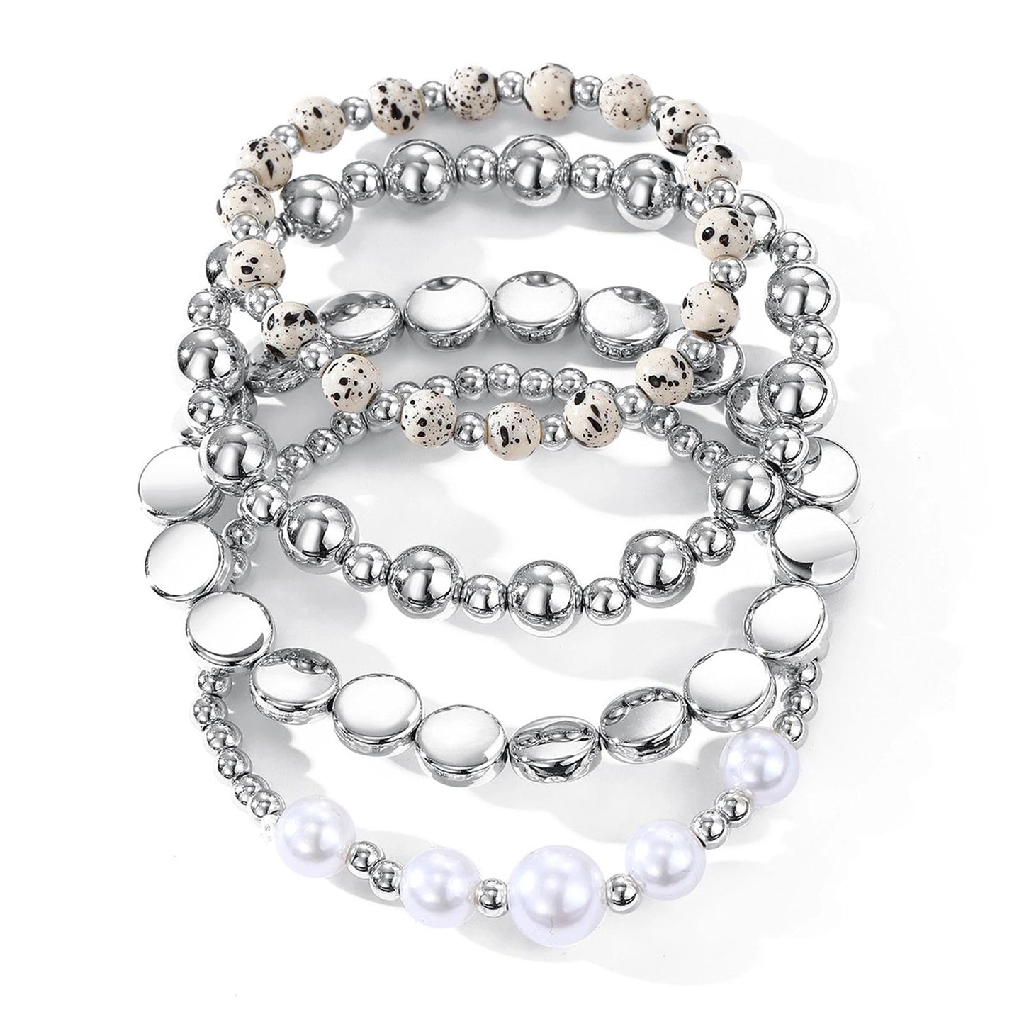 Mexegy Layered Silver Plated Pearl Beaded Stretch Bracelet for Women,Stacked Disc Coin Bead Elastic Bracelets Bohemian Party Holiday Jewelry Accessories Gift(Silver)