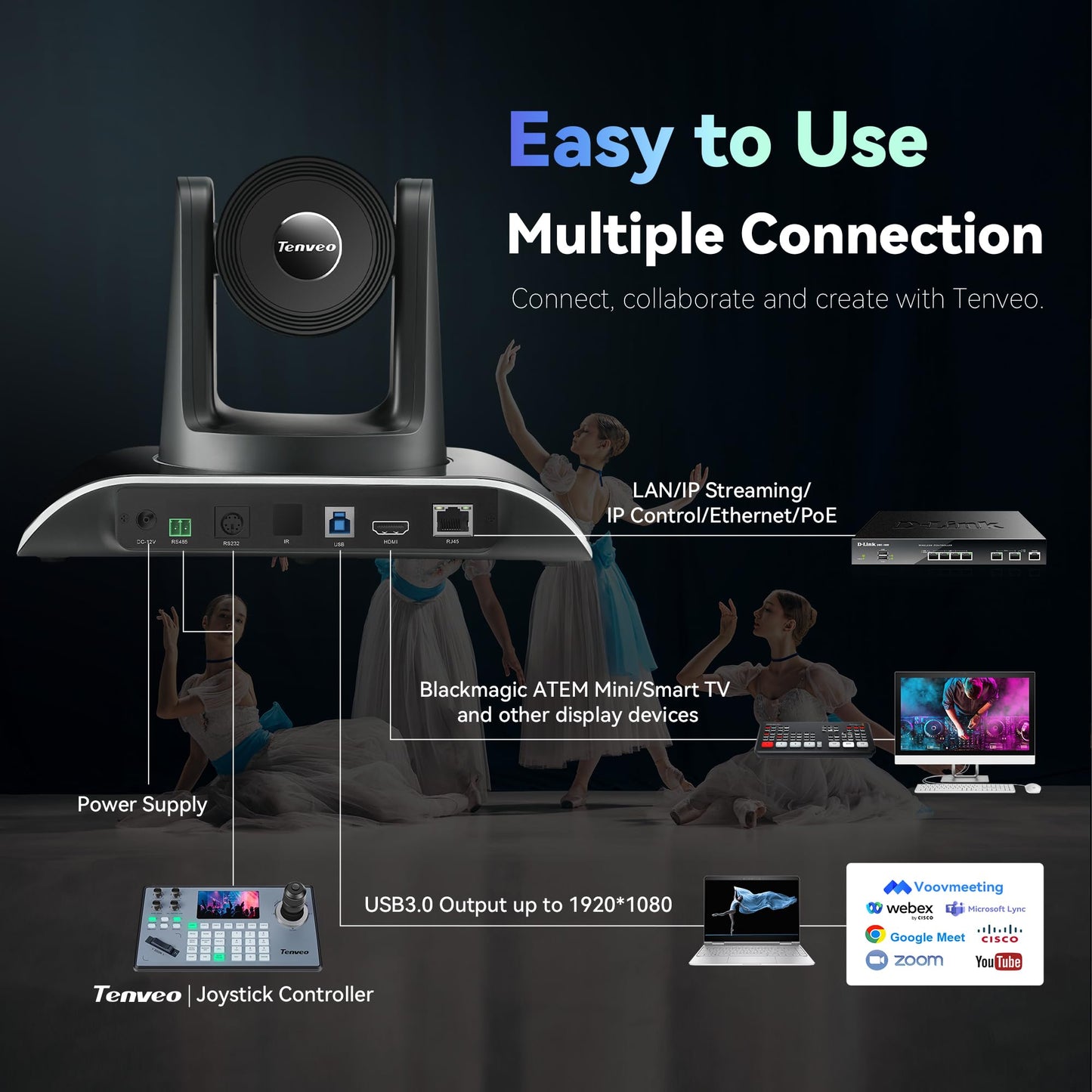 Tenveo PTZ Camera and Controller - 20X AI Humanoid & Face Auto-Tracking PTZ Camera with HDMI/USB3.0/LAN(PoE) and NDI PTZ Controller Joystick Keyboard Bundle for Church Worship Service Live Streaming