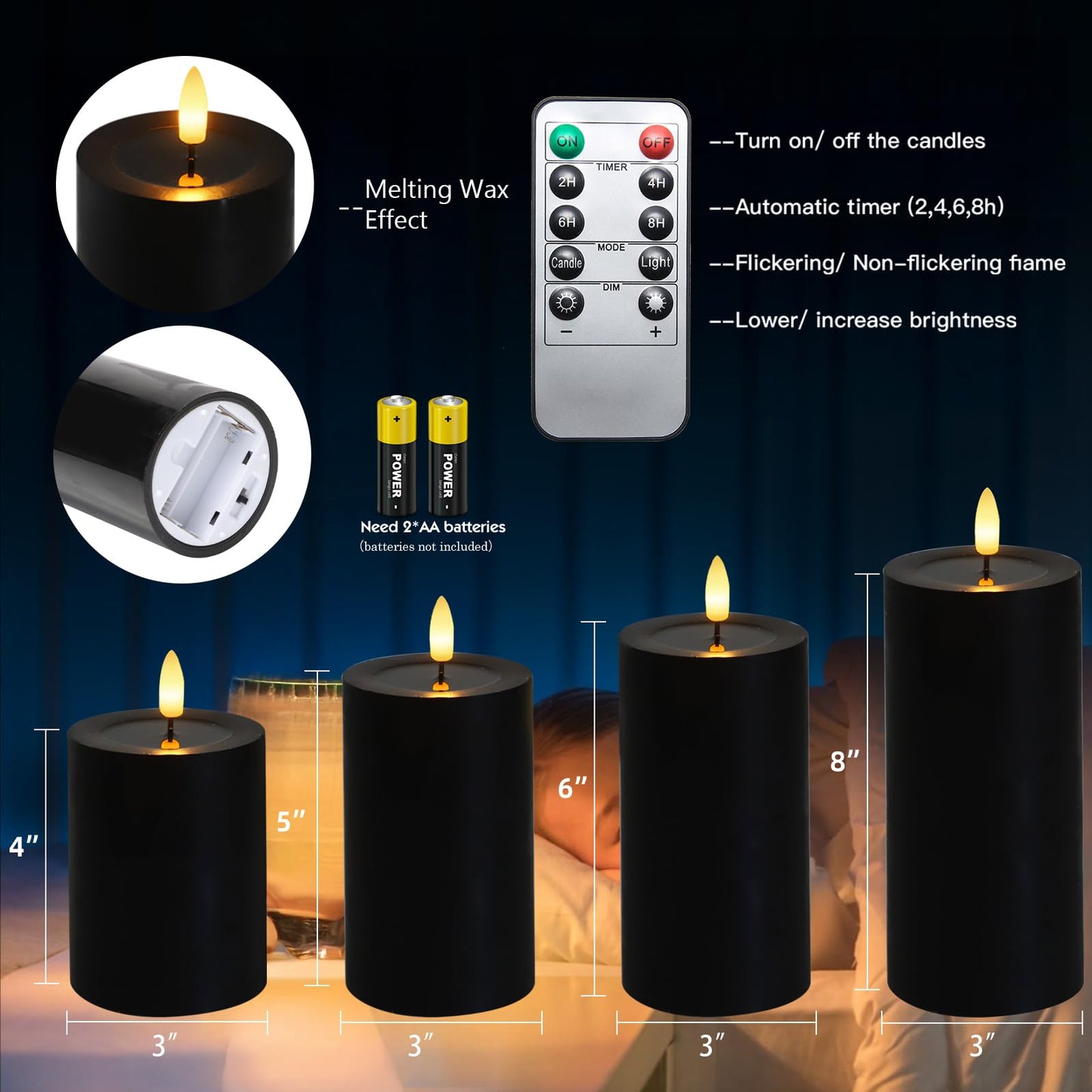 Lezonic Black Flameless Candles with Remote, LED Battery Operated Flickering with Timer, 4 Pack Glossy Wax Drips Design Real Wax Pillar for Halloween Decor, Centerpiece, Birthday Gifts (4/5/6/8 Inch)