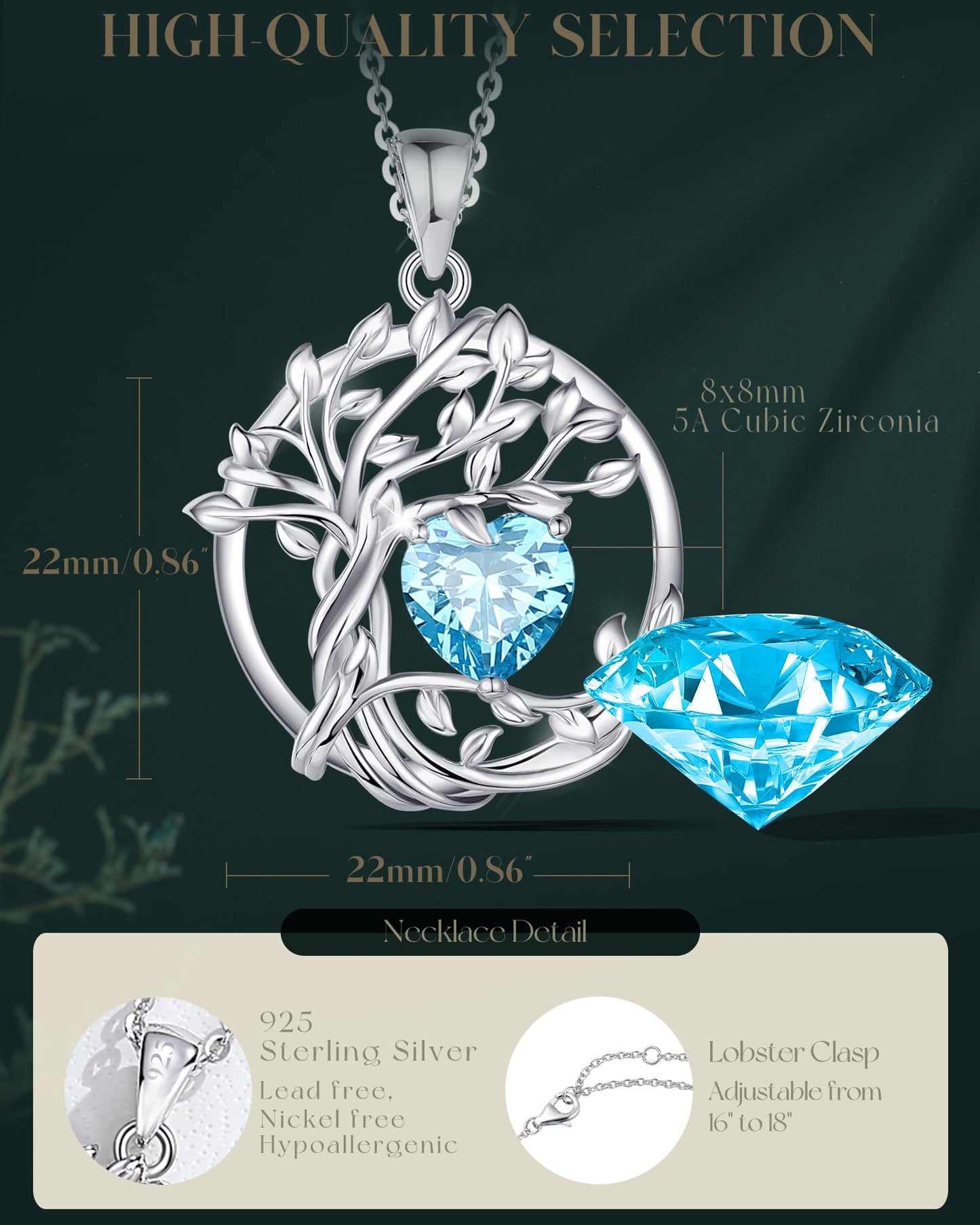 FANCIME Tree of life Birthstone Necklace for Women Sterling Silver Tree Jewelry Aquamarine Pendant March Birthstone Blue Gemstone Anniversary Birthday Christmas Gifts for Wife Mom Her