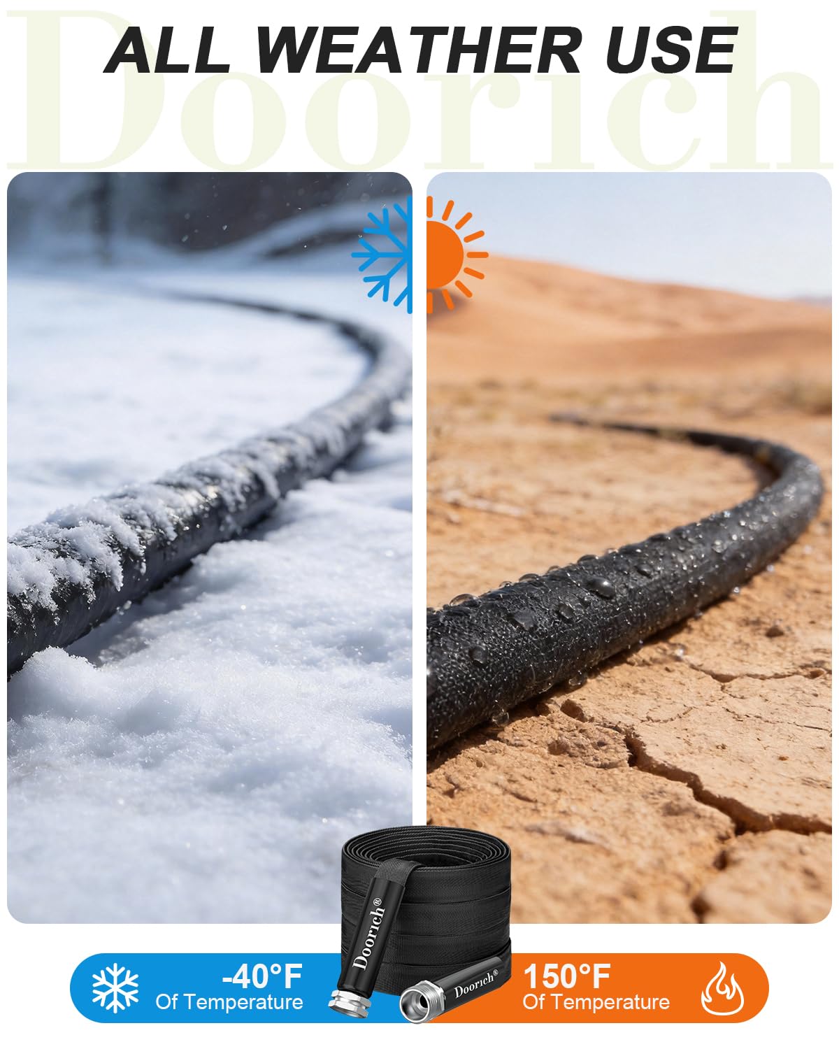 Doorich Garden Hose, Lightweight, Ultra Flexible, Durable, Kink-Free Water Hose - Made of TPU, Drinking Water Safe Material, Non-Shrinking, Easy to Store, All-Weather, Black (50 FT)