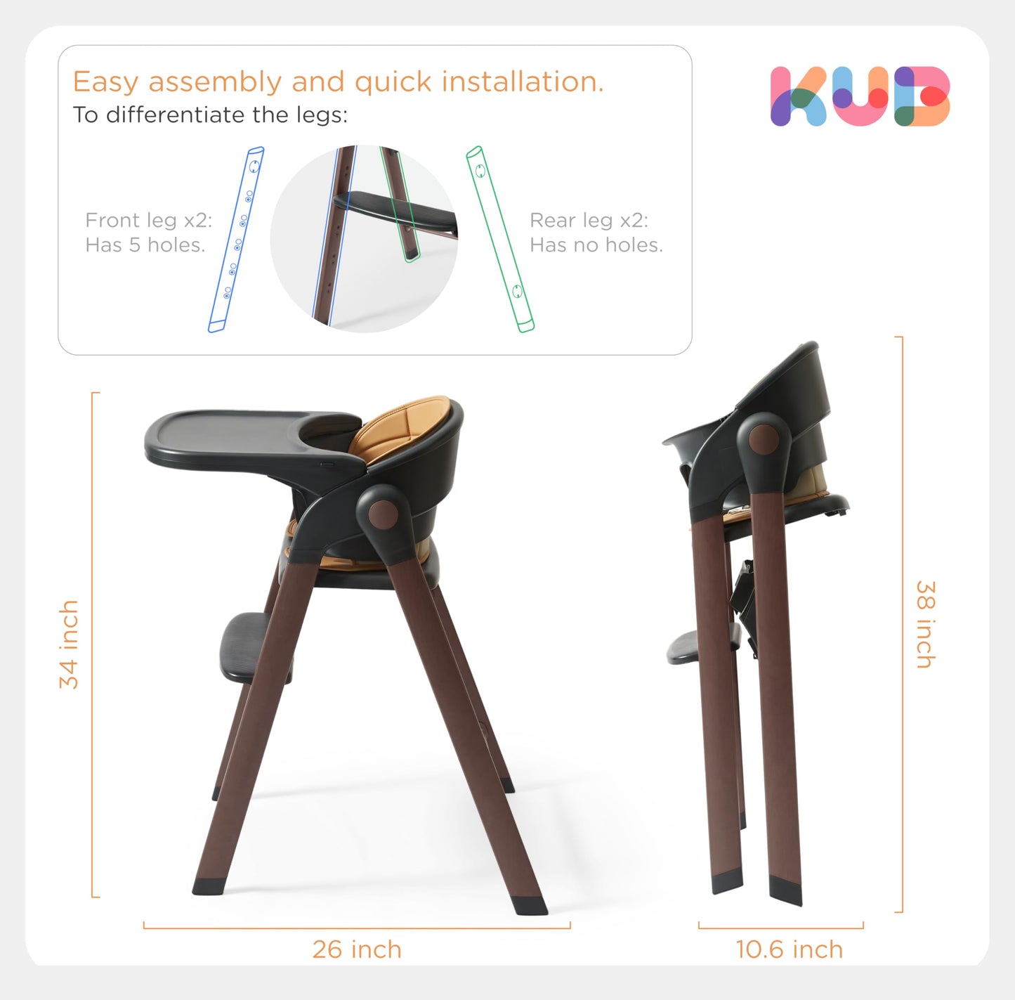 KUB High Chair for Babies and Toddlers Adjustable Foldable Convertible 5 Point Harness Easy Clean Wood-Printed Metal with Removable Tray Baby Highchair for Family (Black&Walnut Wood-Printed Metal)