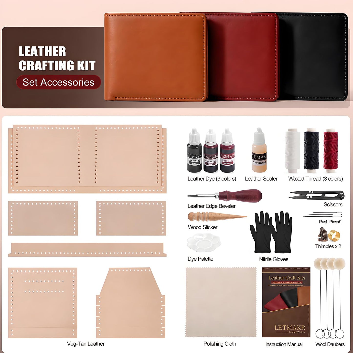Leather Working Tools-Leather Crafting Kit with Paint Set and Cowhide-Men's Wallet DIY Kit-Birthday Gift for Men,Dad,Boyfriend,Husband-Art and Crafts for Adults-Hobbies for Women and Men