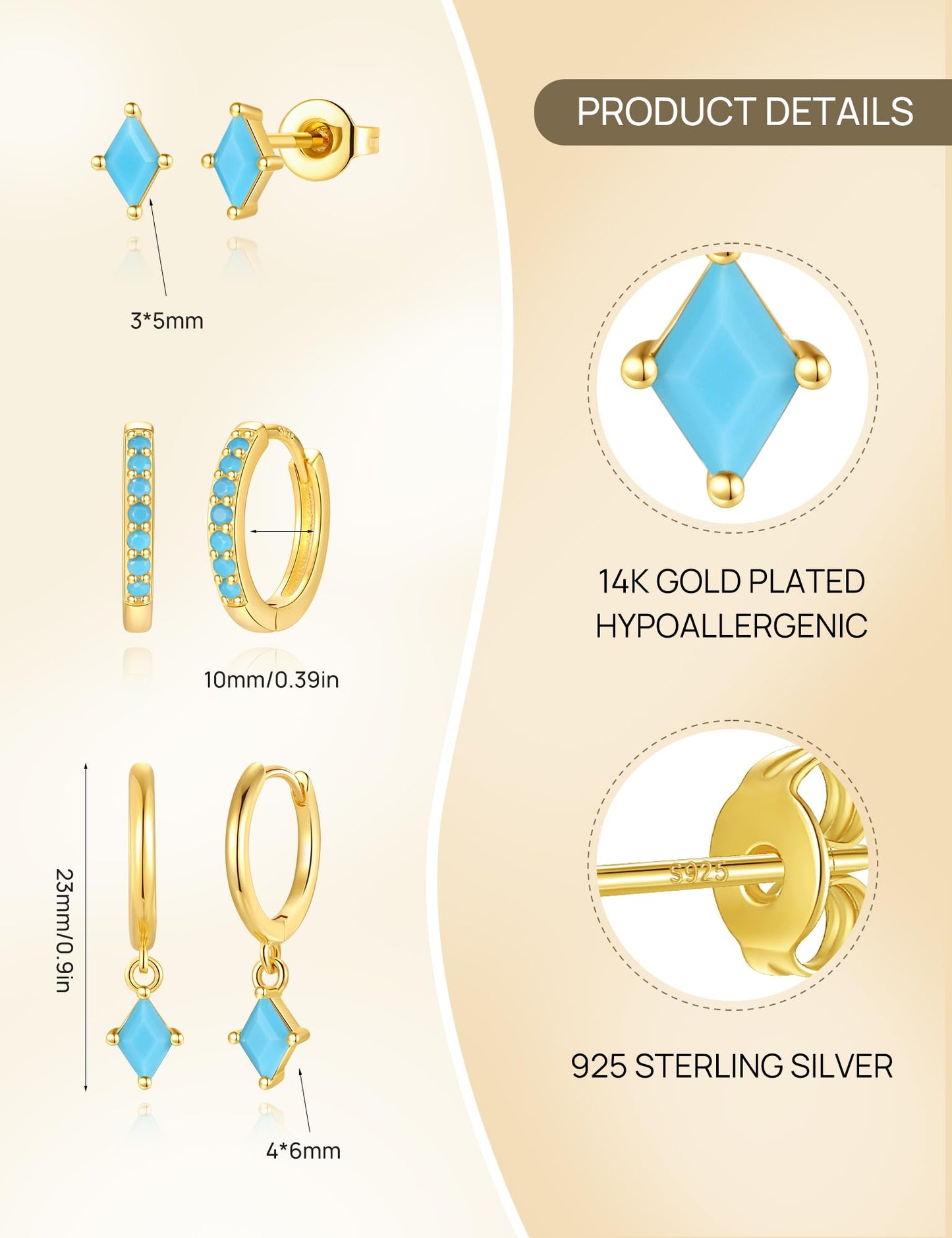 3 Pairs Gold Turquoise Earrings Set for Women, Dainty 14K Gold Plated Hypoallergenic Turquoise Dangle Hoop Earring, Trendy Small Gold Earring Stack, Western Earrings Jewelry Gifts