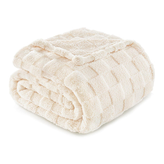 Exclusivo Mezcla Fleece Throw Blanket for Couch,Super Soft and Warm Lightweight Checkered Pattern Blankets for All Seasons, 50x60 Inches, Ivory