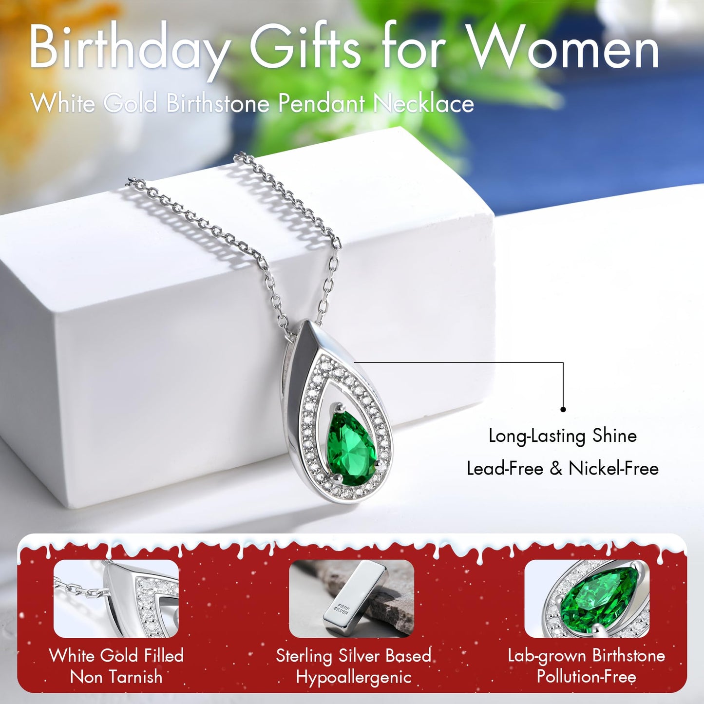Kstyle 925 Sterling Silver Emerald May Birthstone Pendant Necklace Teardrop Jewelry Valentine's Day Anniversary Birthday Gift for Mom Sister Wife Girlfriend Her Non Tarnish
