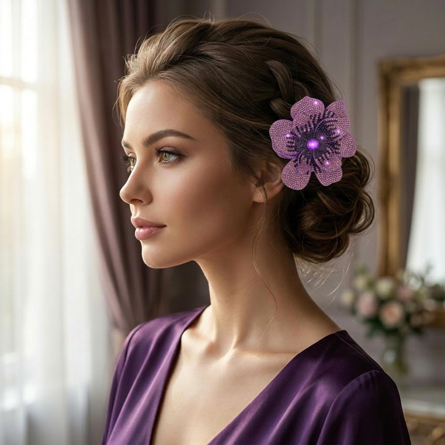 Merdia 3.74 Inch Rhinestone Camellia Flower Brooch Pin & Hair Clip for Women | Crystal Camellia Lapel Pin, Hair Clip Accessory for Parties & Weddings | Brooches and Pins for Women - Purple