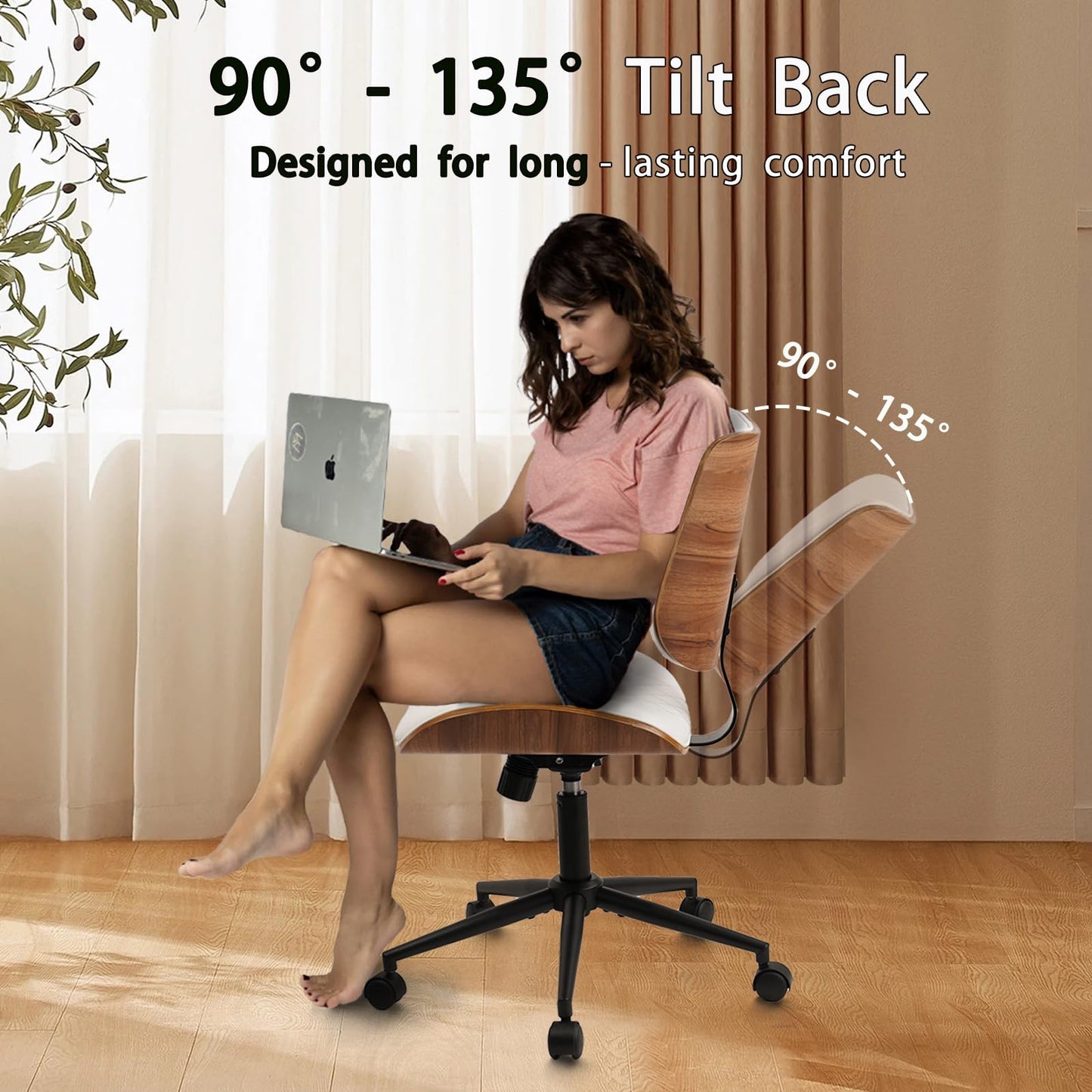 CLATINA Armless Home Office Chair, Desk Chair with Wheels, Adjustable Height Reading Chair, Leather Mid Back & Swivel Computer Chair, Modern Walnut Chairs with Back for Studio Meeting Room(White)