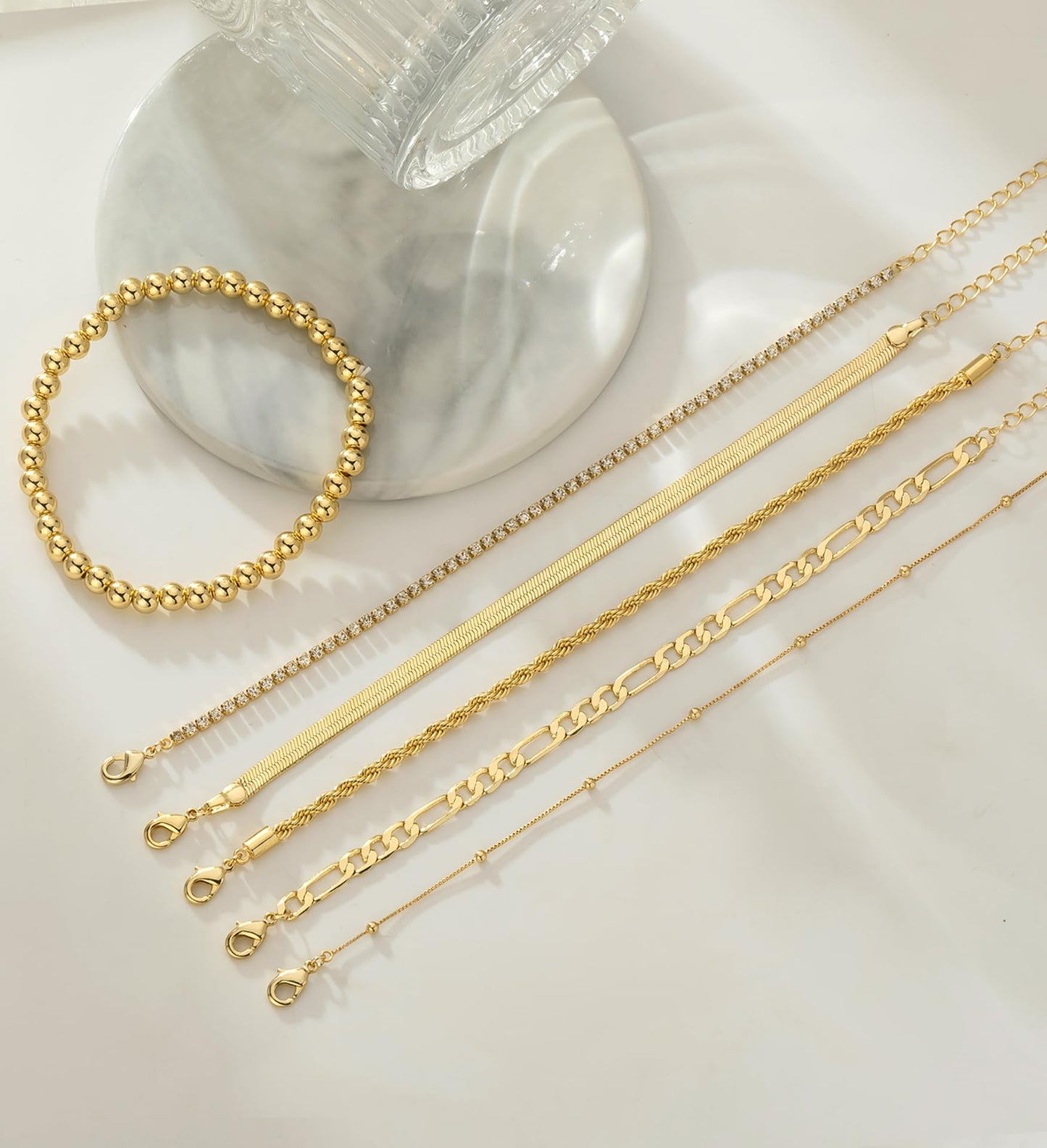 Gold Bracelets for Women 14K Gold Plated Stack Trend Bracelets Charm Paperclip Chain Cuban Link Layered Waterproof Bracelet Dainty Bracelet for Women Jewelry Gifts (6Pcs Beaded Gold)