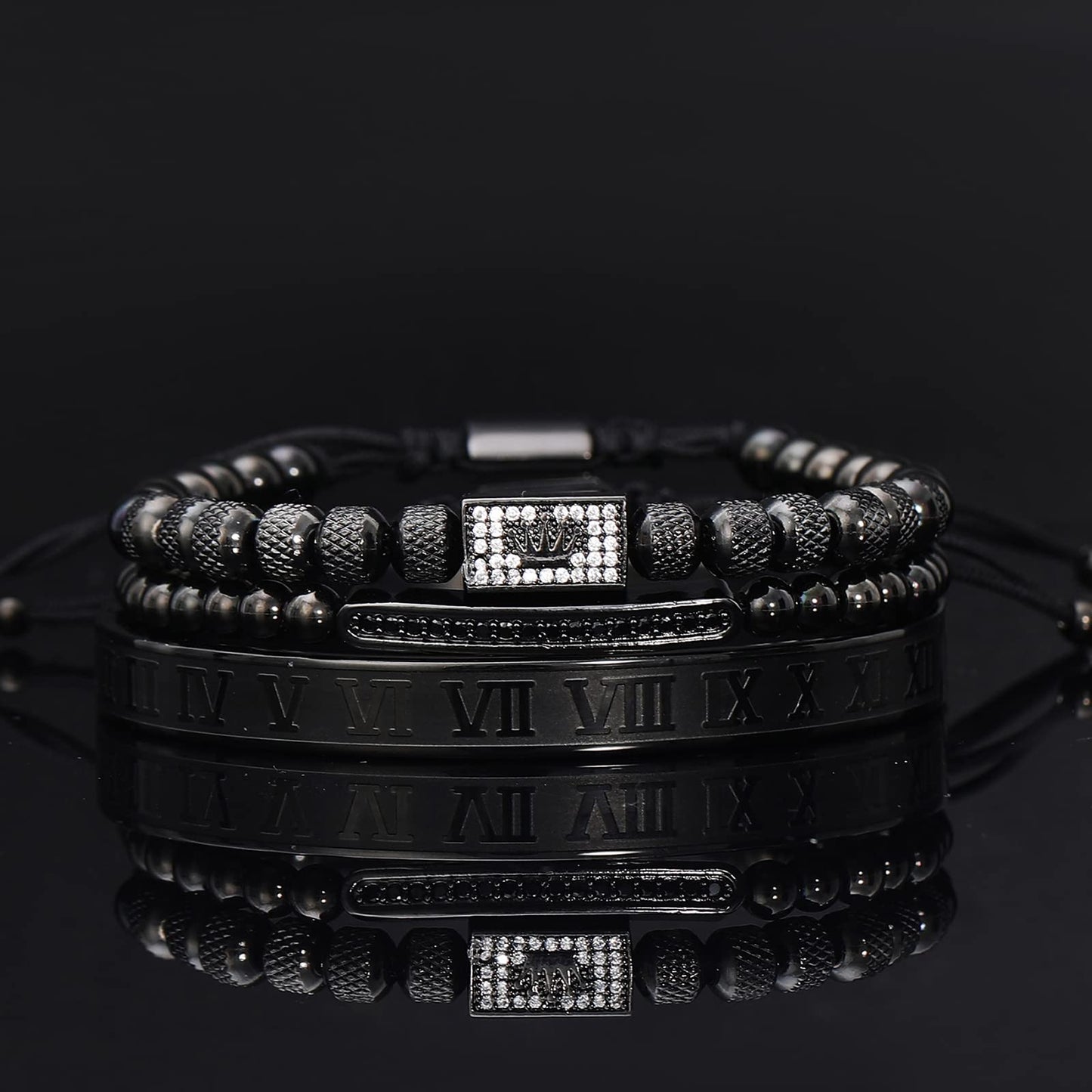 WFYOU 3PCS Stainless Steel Bracelets for Men Gold Roman Numeral Bangle Bracelet Twisted Cable Bracelet Adjustable Cuff Bracelet Mens Luxury Jewelry Bracelets Gifts(H:Black)