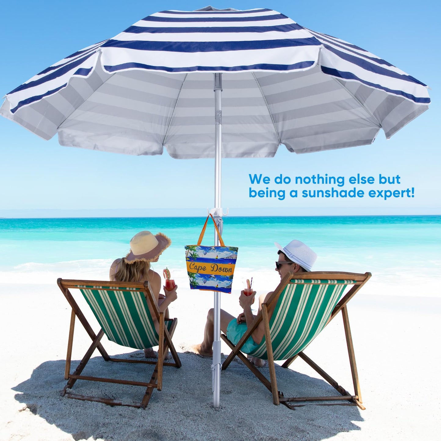 Tempera Heavy Duty High Wind Beach Umbrella with Sand Anchor & Carry Bag | Patio Outdoor Umbrella with Aluminum Frame and Push Button Tilt, Ideal for Garden Lawn, UPF 60+, Blue White Stripe