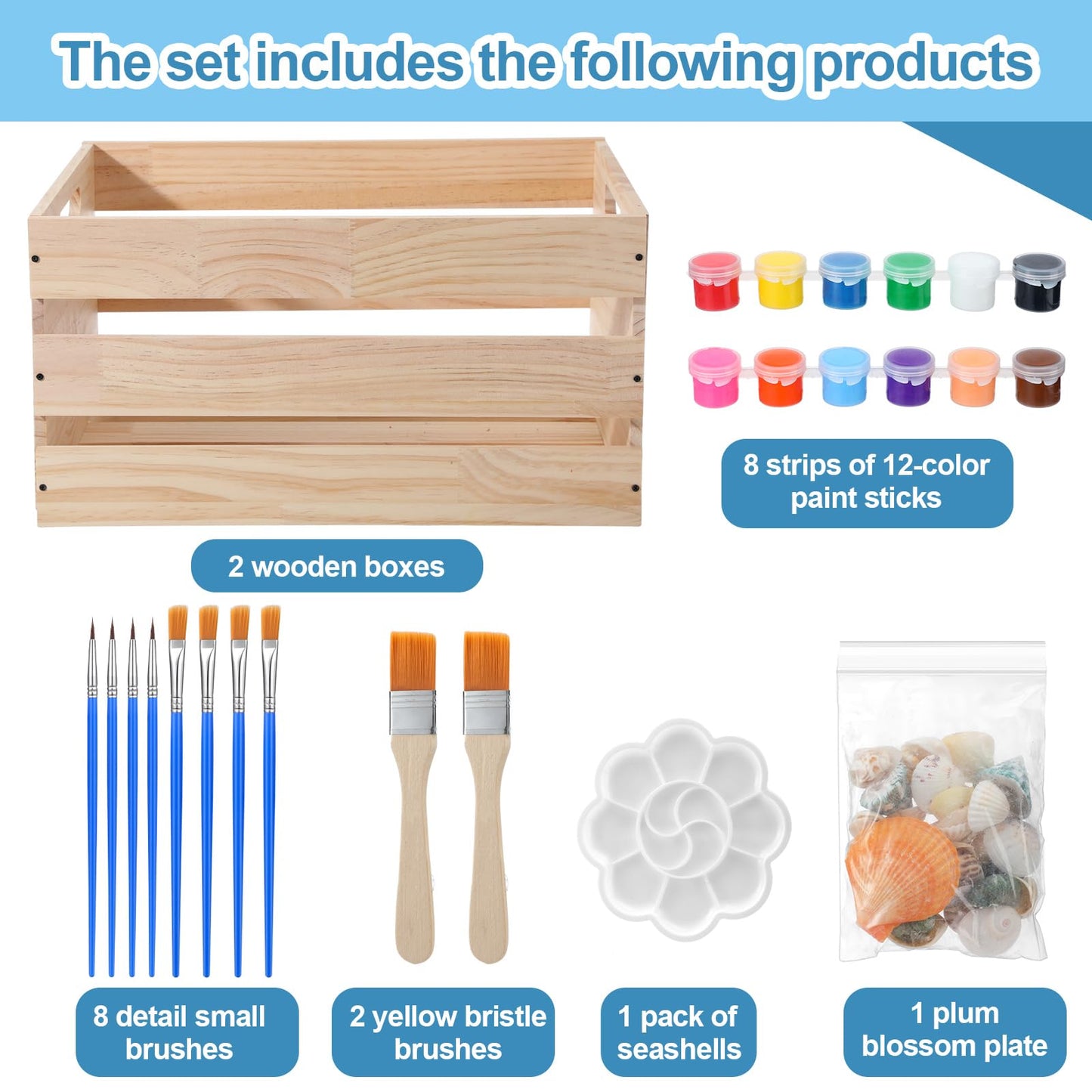BreezeHug 2 Pack DIY Bikini Box Kit 16.1x11.8x9.4 Inch Unfinished Wooden Crate with 4 Sets of 12 Color Paint 2 Brushes 1 Palette 1 Pack for Custom Beach Themed Crafts Organization