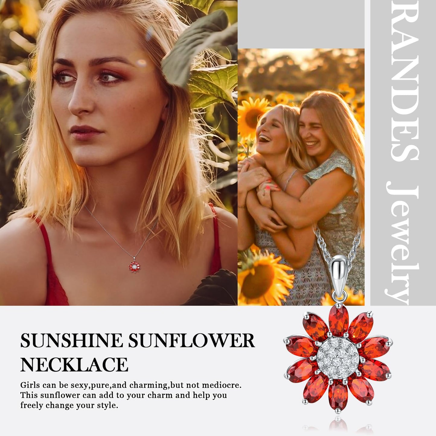 RANDES 925 Sterling Silver Sunflower Necklace Dainty Garnet Red Flower Necklaces for Women January Birthstone Necklace