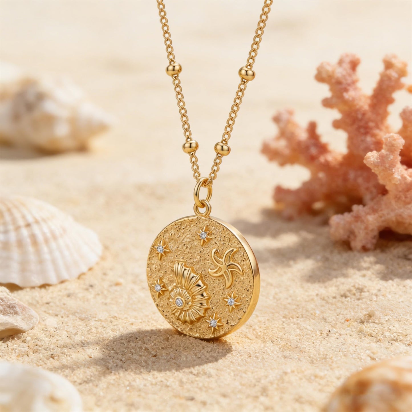 MEVECCO Dainty Gold Conch Shell Coin Pendent Necklace for Women 18K Gold Plated Shell Disc Necklace Boho Beach Handmade Ocean Jewelry for Holiday Gift