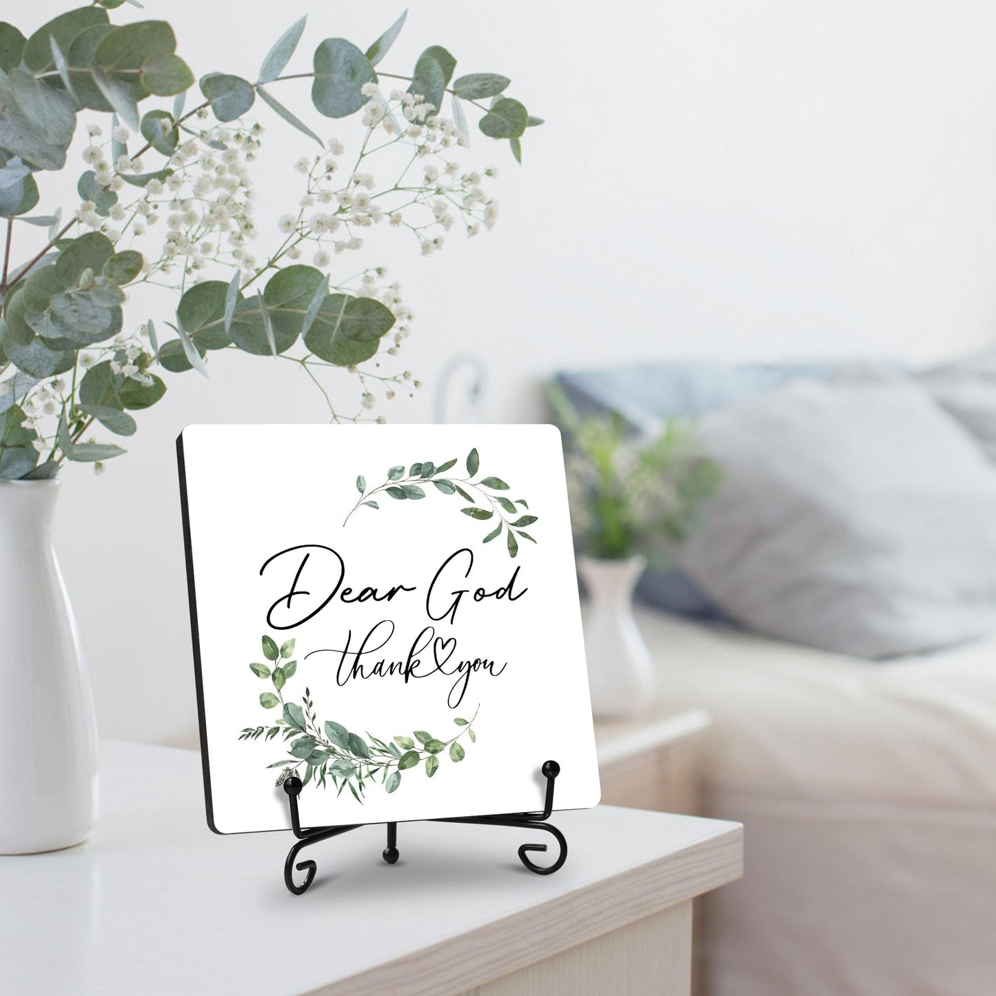 FUQWZ Rustic 'Dear God Thank You' Wooden Plaque - Christian Decor with Iron Stand - Simple Prayer Sign for Home, Church & Office - Inspirational Gift for Thanksgiving & Holidays. (049)