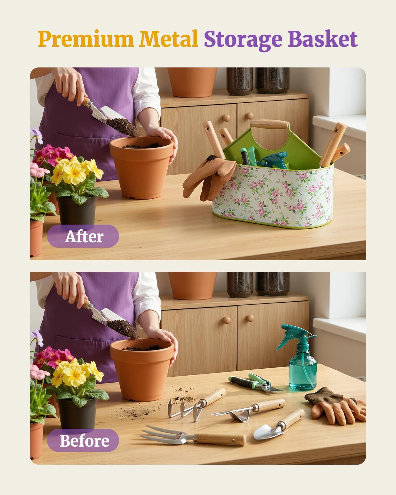 9-Piece Garden Tool Set, Heavy Duty Stainless Steel Rust-Proof Planting Kit with Ergonomic Wood Handles, Durable Metal Organizer Basket with 4 Compartments, Ideal Gardening Gift for Women, Mother